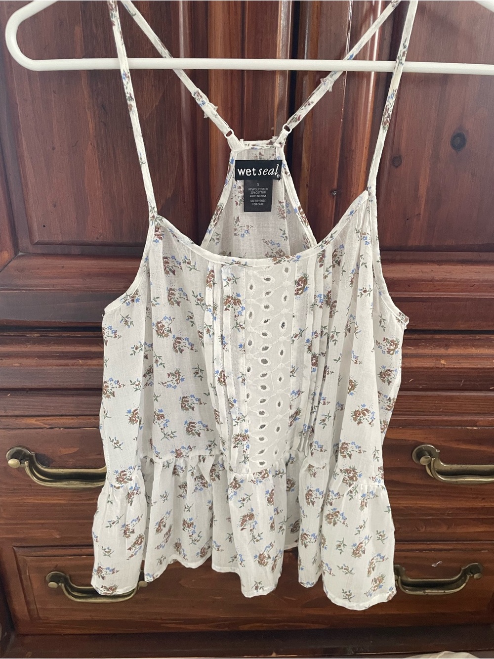 Wet Seal Cream Floral Eyelet Peplum Cami